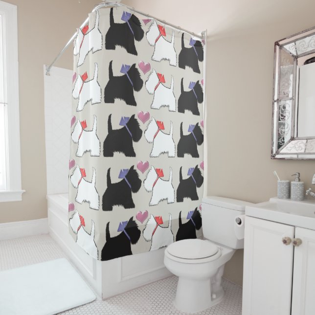 Black and White Westie Dogs Art Shower Curtain (In Situ)