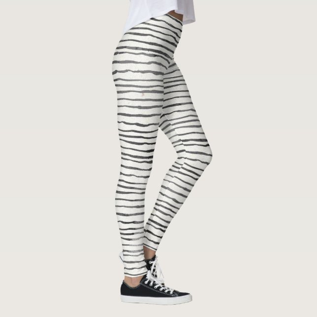 Black and White Whimsical Boho Horizontal Stripes Leggings (Right)