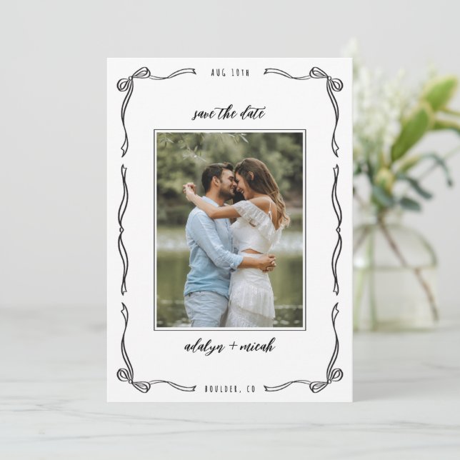 Black and white whimsical little bows save the date (Standing Front)