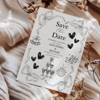 Black and White Whimsical Retro Doodle Art Wedding