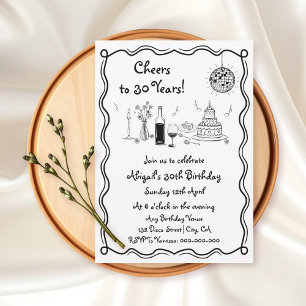 Black and white whimsical retro scribble birthday invitation