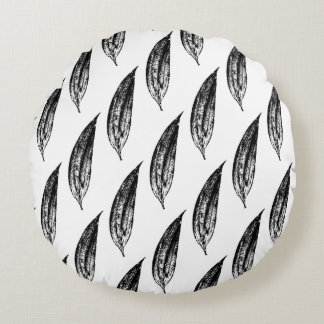 Black and White White Lily Leaf Print Round Cushion
