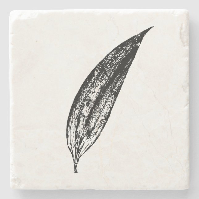 Black and White White Lily Leaf Print Stone Coaster (Front)