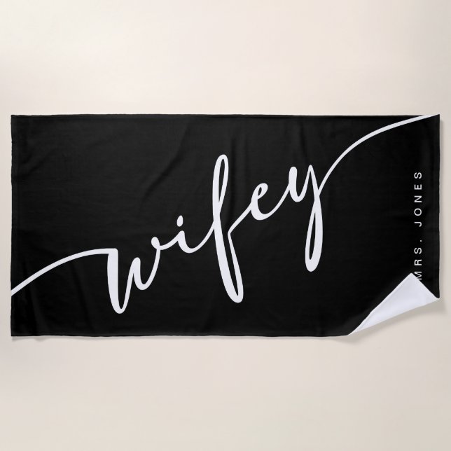 Black and White Wifey Beach Towel, Gift for Bride Towel (Front)