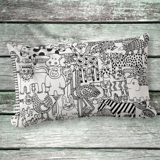 Black and White Wild Animals Hand Drawn Art Lumbar Cushion (Creator Uploaded)