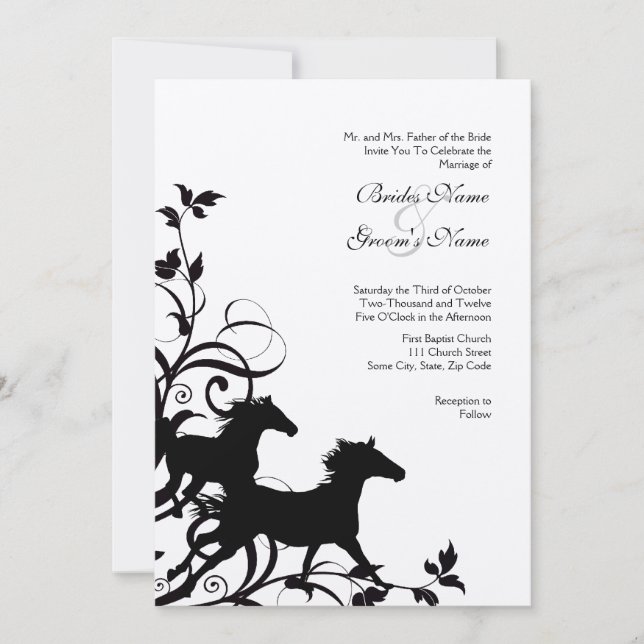 Black and White Wild Horses Wedding Invitation (Front)