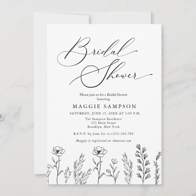 Black and White Wildflower Bridal Shower Invitation (Front)