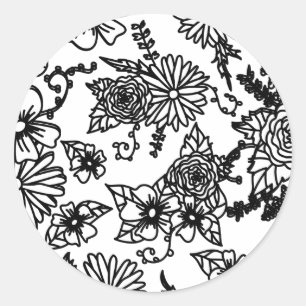 Black and White Wildflower Round Sticker