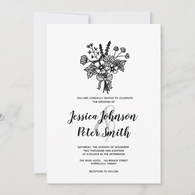 Black and White Wildflower Wedding Invitation (Front)