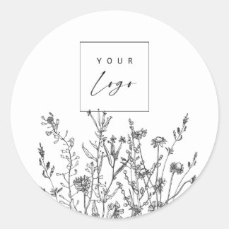 Black and White Wildflowers Custom Logo Classic Round Sticker