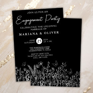 Black and White Wildflowers Engagement Party Invitation