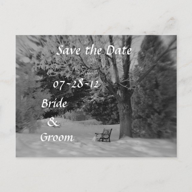 Black and White Winter Bench Wedding Postcards (Front)