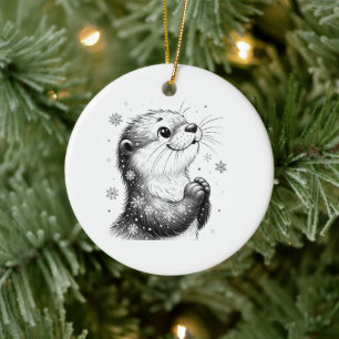 Black and White Winter Otter Ceramic Tree Decoration