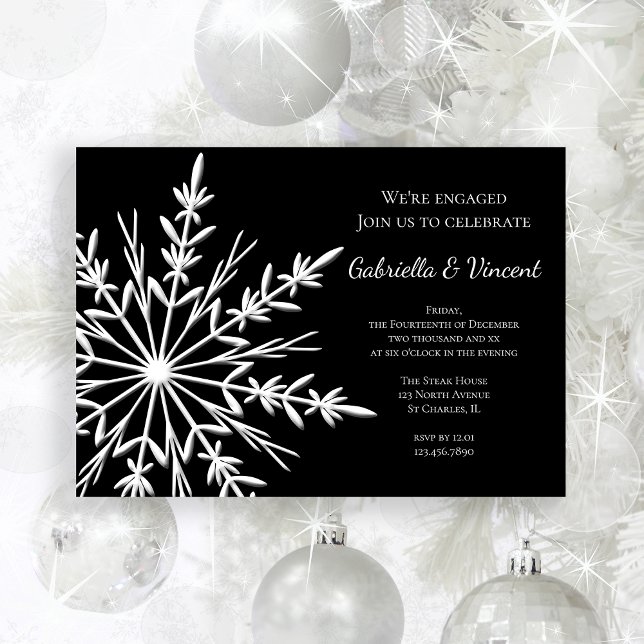 Black and White Winter Snowflake Engagement Party Invitation (Celebrate your winter engagement with this festive Black and White Snowflake Party Invitation.)