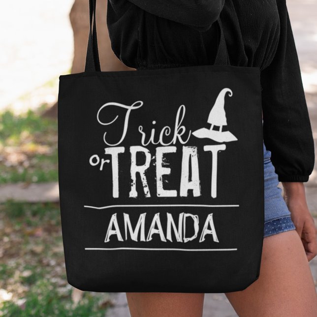 Black and White Witch Trick or Treat Halloween Tote Bag (Halloween personalized black and white witch "trick or treat" tote bag.)