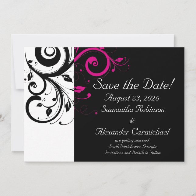 Black and White with Magenta Swirl Accent Save The Date (Front)