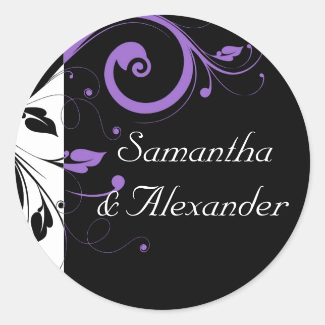 Black and White with Purple Swirl Accent Classic Round Sticker (Front)