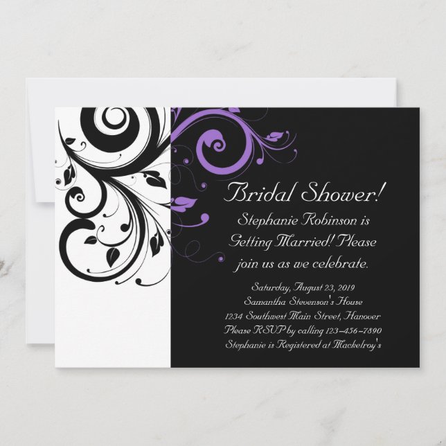 Black and White with Purple Swirl Accent Invitation (Front)