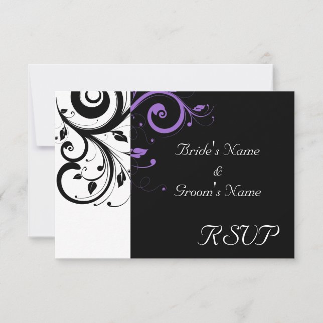Black and White with Purple Swirl Accent RSVP Card (Front)