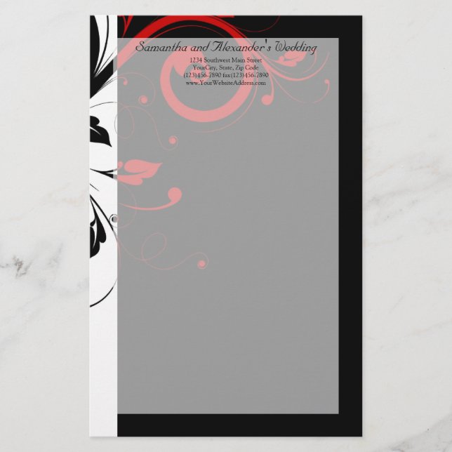 Black and White with Red Reverse Swirl Stationery (Front)