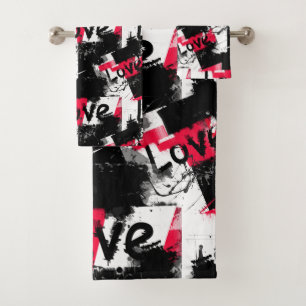 Black and white with red spots love pattern bath towel set