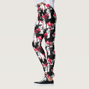Black and white with red spots love pattern leggings