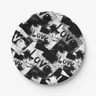 Black and white with spots pattern of love paper plate