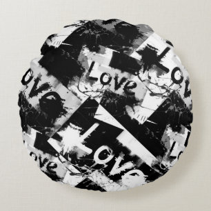 Black and white with spots pattern of love round cushion