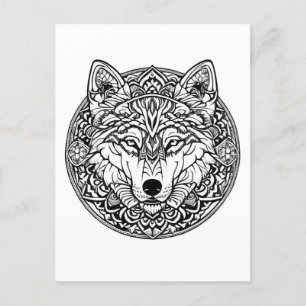 Black and White Wolf Colouring Book Style Postcard
