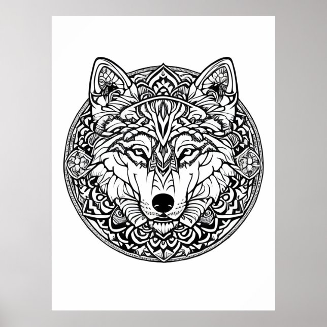Black and White Wolf Colouring Book Style Poster (Front)