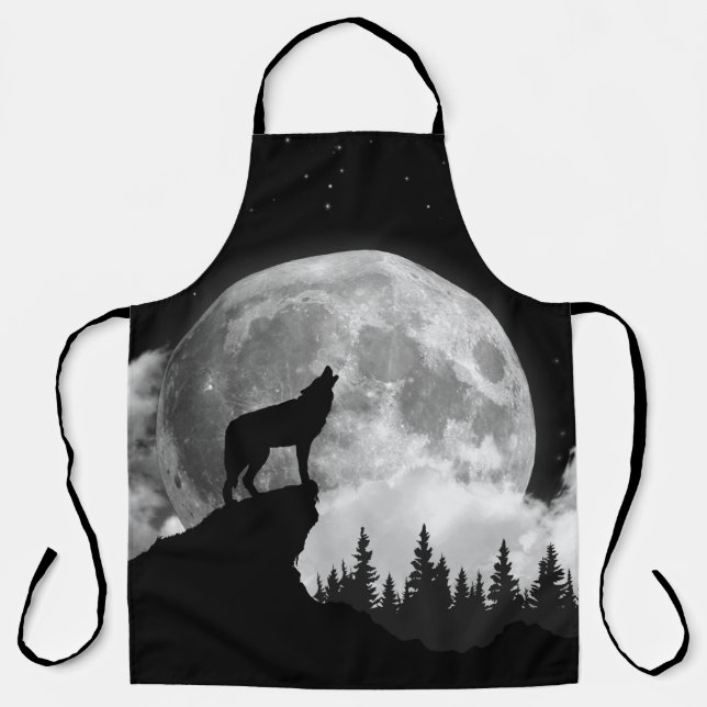 Black and white wolf howling at the moon apron (Front)