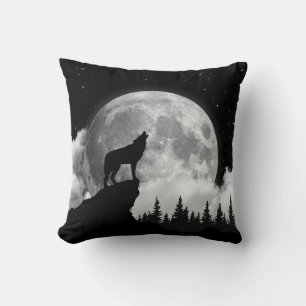 Black and white wolf howling at the moon cushion
