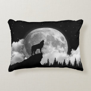 Black and white wolf howling at the moon decorative cushion