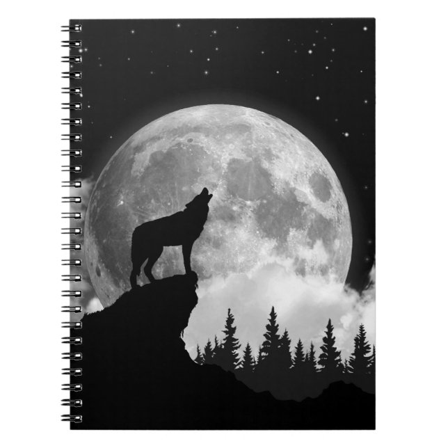 Black and white wolf howling at the moon notebook (Front)