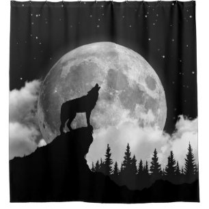 Black and white wolf howling at the moon shower curtain