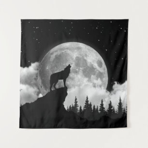 Black and white wolf howling at the moon tapestry