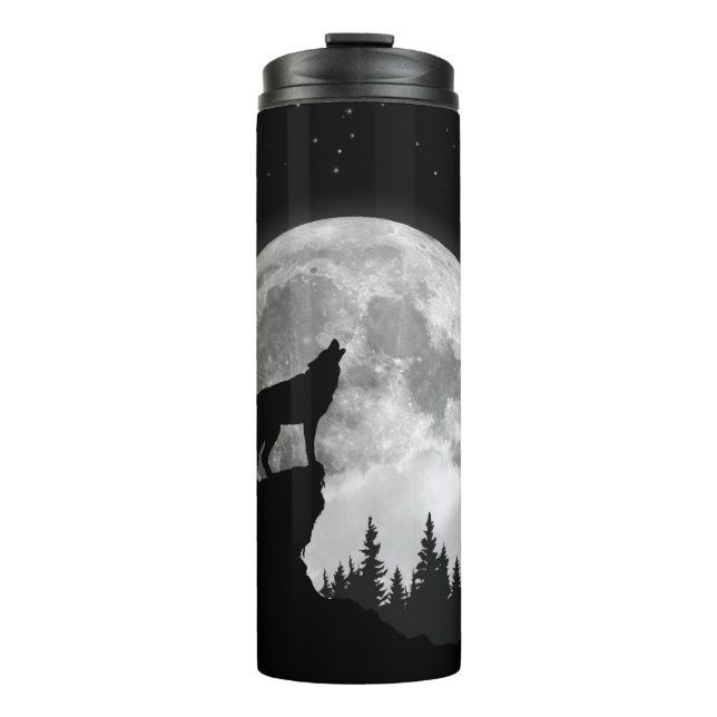 Black and white wolf howling at the moon thermal tumbler (Front)