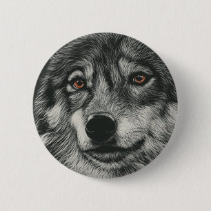 Black and white wolf illustration 6 cm round badge