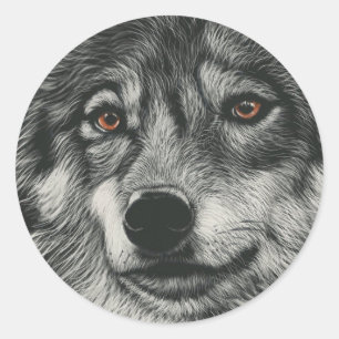 Black and white wolf illustration classic round sticker