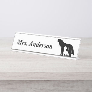 Black and White Wolves Desk Name Plate