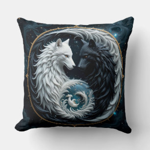 Black and White Wolves in Cosmic Yin-Yang Symbol Cushion