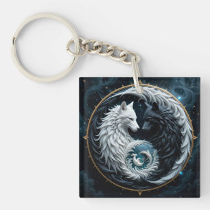 Black and White Wolves in Cosmic Yin-Yang Symbol Key Ring