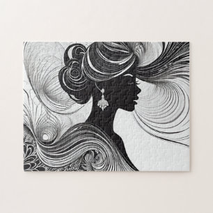 Black and White Woman with Flowing Hair Jigsaw Puzzle