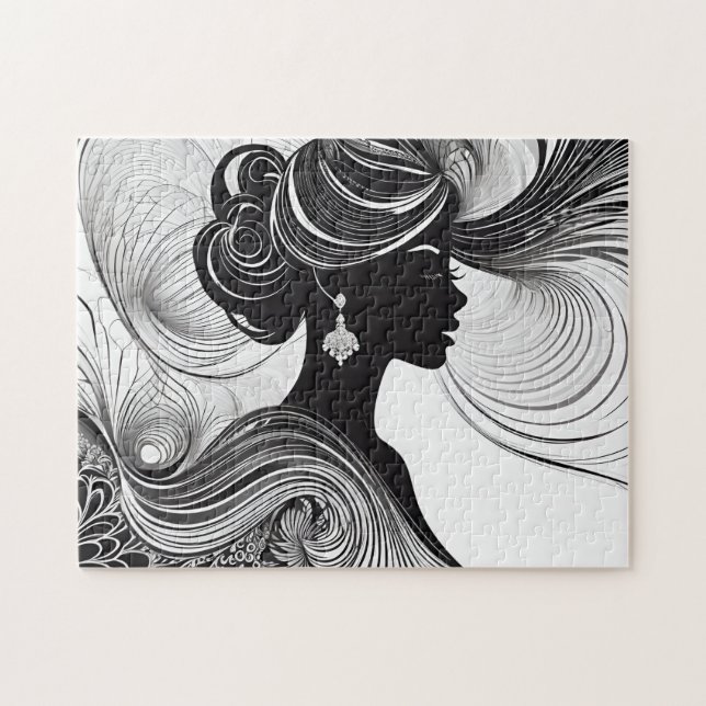 Black and White Woman with Flowing Hair Jigsaw Puzzle (Horizontal)