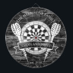 Black and White Wood Family Custom Name Wedding Dartboard<br><div class="desc">Celebrate your special day with the Black and White Wood Family Custom Name Wedding Dart Board. Featuring a timeless monochrome design, this dartboard can be personalised with the couple's last name, making it a unique keepsake or playful wedding gift. Perfect for adding charm to your home or for entertaining guests,...</div>