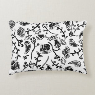 Black and White Woodland Floral Pattern Decorative Cushion