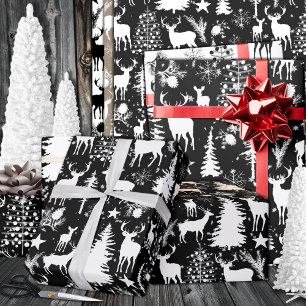 Black And White Woodland Forest Reindeer Wrapping Paper