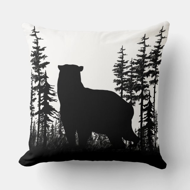Black And White Woodland Pine Forest Bear Cushion (Front)