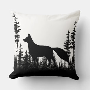 Black And White Woodland Pine Forest Fox  Cushion