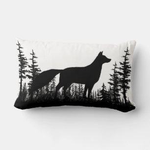 Black And White Woodland Pine Forest Fox Lumbar Cushion